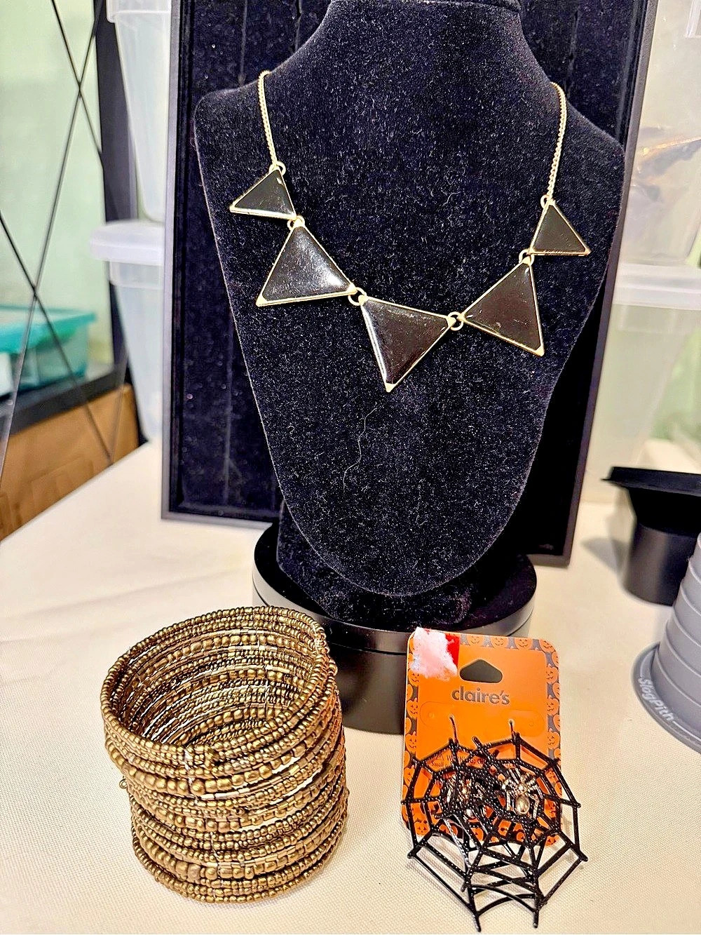 Black Gold Halloween Set Triangle Necklace Claire's Spiderweb Earrings Glass Bea